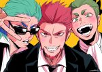  2bro. 3boys :d anija_(2bro.) aqua_hair beard blue_eyes enkadesukedo facial_hair formal green_eyes green_hair grin highres male_focus multiple_boys necktie open_mouth otoja_(2bro.) otsuichi_(2bro.) red_eyes red_hair short_hair smile suit sunglasses teeth upper_body v yellow_background 