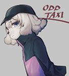  1girl black_headwear blue_eyes copyright_name enomoto_nao furry furry_female grey_background hair_between_eyes hat jacket nikaidou_rui odd_taxi purple_jacket solo standing upper_body white_hair zipper 