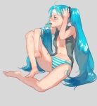  1girl bare_arms bare_legs bare_shoulders barefoot blue_eyes blue_panties blush full_body grey_background grey_shirt hand_up hatsune_miku highres hot jitome kotatiyu long_hair mouth_hold navel no_bra panties parted_lips profile shirt simple_background sleeveless sleeveless_shirt solo striped striped_panties towel towel_on_head twintails underwear very_long_hair vocaloid 