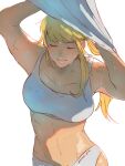  1girl abs arms_up blonde_hair bra closed_eyes final_fantasy final_fantasy_xiv lyse_hext muscular muscular_female navel panties sei_(seiryuuden) simple_background solo sports_bra stomach sweat toned underwear undressing white_panties white_sports_bra 