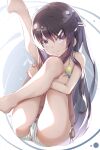  1girl akausuko ass bangs barefoot bikini black_hair clip_studio_paint_(medium) collarbone commentary_request feet_out_of_frame hair_ornament hairclip halterneck highres hugging_own_legs leg_up long_hair looking_at_viewer navel purple_eyes sakurajima_mai seishun_buta_yarou side-tie_bikini simple_background smile solo string_bikini striped striped_bikini swimsuit thighs vertical_stripes younger 