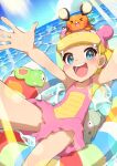  1girl :d absurdres arms_up bare_arms blonde_hair blue_eyes blush bonnie_(pokemon) cloud commentary_request cosplay day dedenne eyelashes gen_1_pokemon gen_6_pokemon highres innertube knees legendary_pokemon light_rays looking_at_viewer on_head open_mouth outdoors pokemon pokemon_(anime) pokemon_(creature) pokemon_on_head pokemon_xy_(anime) short_hair sky slowbro slowbro_(cosplay) smile spread_fingers taisa_(lovemokunae) teeth tongue water zygarde zygarde_core 