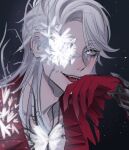  1boy gloves grey_hair highres identity_v medium_hair naib_subedar one_eye_covered open_mouth red_gloves red_shirt shirt smile solo sparkle stitched_mouth stitches t731i 