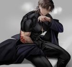  1boy absurdres black_pants black_shirt breath brown_hair coat command_spell covered_abs covered_navel cross cross_necklace fate/stay_night fate_(series) highres jewelry kotomine_kirei large_pectorals male_focus medium_hair muscular muscular_male necklace open_clothes open_coat pants pectorals priest rijjin shiny shiny_clothes shirt skin_tight solo taut_clothes taut_shirt 