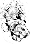  1girl absurdres commentary_request commission foreshortening gauntlets greyscale hair_between_eyes highres looking_at_viewer monochrome niwarhythm parted_lips perspective power_gloves punching short_hair skeb_commission solo 