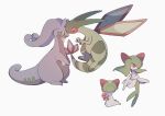  closed_eyes closed_mouth colored_skin commentary_request flygon gen_3_pokemon gen_6_pokemon goodra grey_eyes highres holding kirlia looking_at_another no_humans nodori710 pokemon pokemon_(creature) ralts simple_background smile standing toes white_background white_skin 