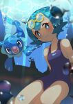  1girl :t absurdres air_bubble bangs bare_arms blue_eyes blue_hair blurry blush bright_pupils bubble closed_mouth collarbone commentary_request covered_navel eyebrows_visible_through_hair freckles from_below gen_7_pokemon goggles goggles_on_head highres lana_(pokemon) looking_at_viewer no_sclera pokemon pokemon_(anime) pokemon_(creature) pokemon_sm_(anime) popplio shiny shiny_skin short_hair smile swimsuit taisa_(lovemokunae) underwater white_pupils 