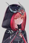 1girl black_cape cape closed_mouth headpiece hood hood_up hooded_cape kantai_collection looking_at_viewer luicent medium_hair red_eyes red_hair simple_background solo upper_body white_background z3_max_schultz_(kancolle) 