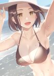  1girl :d armpits arms_up blush breasts brown_eyes brown_hair cleavage collarbone day dutch_angle forehead hand_on_headwear hat highres kitazawa_(embers) large_breasts looking_at_viewer navel ocean open_mouth original outdoors short_hair smile solo sun_hat sweat upper_body water white_headwear yellow_eyes 