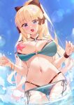  1girl absurdres aqua_bikini ass_visible_through_thighs bangs bare_shoulders bikini black_bikini black_bow black_fire_(peter02713) blonde_hair blue_eyes blue_sky blush bow breasts collarbone elf flower hair_bow hair_flower hair_ornament highres large_breasts layered_bikini long_hair looking_at_viewer navel one_breast_out open_mouth pointy_ears ponytail princess_connect! saren_(princess_connect!) sidelocks sky starfish swimsuit thighs wading wet 