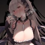  1girl azur_lane between_breasts black_dress black_nails breasts cleavage commentary_request dress earrings eyebrows_visible_through_hair formidable_(azur_lane) frilled_dress frills grey_hair hair_ribbon highres jewelry large_breasts long_hair looking_at_viewer mitsumi_misato nail_polish platinum_blonde_hair red_eyes ribbon solo twintails two-tone_dress two-tone_ribbon upper_body very_long_hair 