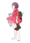  1girl backpack bag bangs barefoot blush bob_cut boots boots_removed brown_bag brown_eyes brown_footwear brown_hair buttons cardigan cardigan_removed collared_dress commentary dress dripping gloria_(pokemon) green_headwear grey_cardigan hagetapo hat hat_removed headwear_removed holding holding_clothes holding_footwear pink_dress pokemon pokemon_(game) pokemon_swsh short_hair solo standing sweat tam_o&#039;_shanter toes 