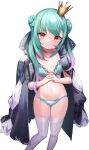  1girl :t bangs bikini black_coat coat coat_on_shoulders commentary_request crown double_bun eyebrows_visible_through_hair feet_out_of_frame flat_chest fuyouchu gradient_hair green_bikini green_hair green_nails hands_clasped highres hololive long_hair long_sleeves looking_at_viewer mini_crown multicolored_hair nail_polish navel own_hands_together pink_hair red_eyes simple_background solo standing stomach swimsuit thighhighs tilted_headwear twintails uruha_rushia virtual_youtuber white_background white_legwear 