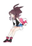  1girl bangs baseball_cap black_vest blush boots bow brown_hair closed_mouth denim denim_shorts eyebrows_visible_through_hair eyelashes footwear_bow full_body hagetapo hat hat_removed headwear_removed high_ponytail hilda_(pokemon) knees long_hair pokemon pokemon_(game) pokemon_bw shirt short_shorts shorts sidelocks simple_background sleeveless sleeveless_shirt smile solo vest white_background white_shirt wristband 