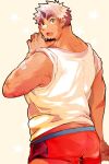  1boy akiha_gongen_(tokyo_houkago_summoners) back bandaid bandaid_on_nose bara bare_shoulders dark-skinned_male dark_skin facial_hair from_behind goatee highres horns looking_at_viewer looking_back male_focus multicolored_hair muscular muscular_male red_shorts scar scar_on_arm scar_on_cheek scar_on_face shirt short_hair short_shorts shorts sideburns single_horn sleeves_rolled_up solo thick_eyebrows tokoya_(2929dan) tokyo_houkago_summoners two-tone_hair white_hair white_shirt wide-eyed 