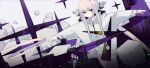  1girl :/ bangs closed_mouth cowboy_shot cube cuicuijiao dutch_angle english_text eyebrows_visible_through_hair grey_background grey_hair hair_ornament highres jacket long_hair long_sleeves looking_at_viewer original purple_eyes sidelocks solo symbol-only_commentary t-pose white_jacket 