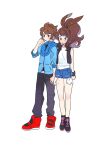  1boy 1girl bangs belt_buckle black_vest blue_eyes blue_jacket blush boots brown_eyes brown_hair buckle closed_mouth commentary_request denim denim_shorts grey_pants hagetapo hand_up hetero high_ponytail hilbert_(pokemon) hilda_(pokemon) holding_hands jacket long_hair pants pokemon pokemon_(game) pokemon_bw red_footwear shirt shoes short_hair short_shorts shorts sidelocks sleeveless sleeveless_shirt standing vest white_shirt wristband 