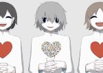  3boys :d absurdres avogado6 bags_under_eyes black_eyes brown_hair commentary_request false_smile grey_hair heart highres interlocked_fingers long_sleeves looking_at_viewer multiple_boys open_mouth original own_hands_together pill shirt smile white_shirt 