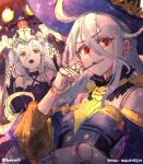  2girls ahoge commentary crown doll_joints dress english_commentary granblue_fantasy grey_hair grin hair_between_eyes hand_up hat highres joints looking_at_viewer multiple_girls open_mouth orchis purple_dress purple_headwear red_eyes runemill shadowverse shingeki_no_bahamut sketch smile twitter_username zwei_(bahamut) 