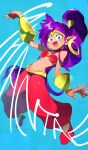  1girl :d absurdres bikini bikini_top blue_background blue_eyes earrings full_body hand_up harem_pants high_ponytail highres hoop_earrings jewelry long_hair looking_at_viewer navel niwarhythm open_mouth pants pointy_ears purple_hair red_bikini red_footwear red_pants shantae shantae_(series) shoes smile solo standing swimsuit vambraces very_long_hair 