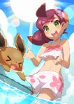  &gt;_&lt; 1girl :d absurdres bangs blush chloe_(pokemon) cloud commentary_request day eevee floating_hair gen_1_pokemon green_eyes highres innertube light_rays long_hair open_mouth outdoors pokemon pokemon_(anime) pokemon_(creature) pokemon_swsh_(anime) shiny shiny_skin sky smile sun swimsuit taisa_(lovemokunae) teeth tongue wading water white_swimsuit 