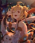  1girl :3 :d absurdres ahoge andira_(granblue_fantasy) bare_shoulders breasts detached_sleeves from_side granblue_fantasy highres huge_filesize long_sleeves looking_at_viewer looking_to_the_side monkey one_eye_closed open_mouth pixiv_id red_eyes runemill small_breasts smile solo twitter_username two_side_up waving 