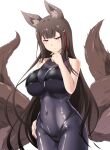  1girl alternate_costume amagi_(azur_lane) animal_ears azur_lane bangs bikini black_bikini black_bodysuit black_hair blunt_bangs bodysuit breasts commentary_request eyebrows_visible_through_hair eyeshadow fox_ears fox_girl fox_tail hair_ornament hand_on_own_chin kyuubi large_breasts long_hair looking_at_viewer makeup multiple_tails purple_eyes sidelocks simple_background skin_tight smile smirk solo steed_(steed_enterprise) swimsuit tail thick_eyebrows white_background 