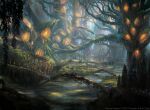  alayna_danner bridge commentary day english_commentary forest giant_tree highres magic:_the_gathering nature no_humans official_art outdoors river tree watermark 
