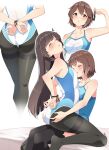  2girls arms_behind_back ass ass_grab black_legwear blush bound bound_wrists breasts brown_eyes brown_hair cleavage closed_eyes commentary_request competition_swimsuit etou_kanami eyebrows_visible_through_hair highres juujou_hiyori light_brown_hair long_hair motsutoko multiple_girls one-piece_swimsuit pantyhose pantyhose_under_swimsuit parted_lips short_hair sitting sitting_on_lap sitting_on_person swimsuit teeth toji_no_miko yuri 