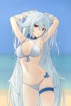  1girl alternate_costume arknights armpits arms_up beach bikini blue_choker blurry blurry_background breasts chinese_commentary choker cleavage commentary_request cowboy_shot criss-cross_halter hair_between_eyes halterneck hands_in_hair head_tilt highres long_hair medium_breasts navel ocean official_alternate_costume parted_lips partial_commentary pu_ht red_eyes shorts silver_hair skadi_(arknights) solo stomach swimsuit thigh_strap very_long_hair white_bikini 