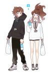  1boy 1girl :o alternate_costume bag bangs black_(pokemon) black_pants blush bottle brown_eyes brown_hair character_name commentary_request hagetapo high_ponytail hilbert_(pokemon) hilda_(pokemon) holding holding_bag holding_bottle hood hood_down hoodie knees lanyard long_hair long_sleeves pants pokemon pokemon_adventures shoes shopping_bag short_hair sidelocks sneakers standing white_(pokemon) white_hoodie 