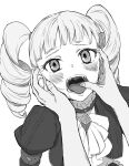  1girl 1other aikatsu! aikatsu!_(series) arm_belt bangs blunt_bangs blush bow bowtie brooch drill_hair finger_in_another&#039;s_mouth greyscale highres jewelry juliet_sleeves long_sleeves looking_at_viewer monochrome open_mouth osame pov pov_hands puffy_sleeves simple_background toudou_yurika twin_drills white_background 