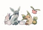  brown_eyes budew closed_mouth commentary_request eevee gen_1_pokemon gen_2_pokemon gen_4_pokemon gen_8_pokemon glaceon highres hoppip leafeon looking_up no_humans nodori710 pokemon pokemon_(creature) sitting smile snom star_(symbol) toes white_background yellow_eyes 