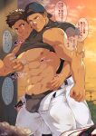  2boys abs bara bare_pectorals baseball baseball_cap baseball_uniform behind_another black_male_underwear blush bulge clothes_lift dirty dirty_clothes dirty_face feet_out_of_frame flaccid grabbing groping hand_on_another&#039;s_waist hat head_on_another&#039;s_shoulder highres jockstrap large_pectorals male_focus male_pubic_hair male_underwear mature_male multiple_boys muscular muscular_male navel navel_hair nipples open_fly open_pants original pants pectoral_grab pectorals pubic_hair pubic_hair_peek reward_available shirt shirt_lift short_hair sideburns sleeveless sleeveless_shirt sound_effects sportswear stomach sweat thick_thighs thighs tight tight_pants translation_request underwear white_pants zifuuuun 
