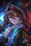  1girl amiya_(arknights) animal_ears arknights blue_eyes blue_scarf blush brown_hair closed_mouth coat ears_through_headwear green_coat hair_between_eyes hand_up highres hood hood_up hooded_coat jewelry looking_at_viewer multiple_rings ring runemill scarf solo 