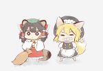  2girls animal_ears apron bangs black_hair black_headwear blonde_hair bow braid broom chibi closed_eyes closed_mouth cyu_ta fox_ears fox_tail full_body grey_background grin hair_bow hair_tubes hakurei_reimu hands_on_hips highres holding holding_broom kirisame_marisa leaf leaf_on_head long_sleeves looking_at_viewer multiple_girls raccoon_ears raccoon_tail side_braid simple_background single_braid smile standing symbol-only_commentary tail touhou waist_apron white_apron white_bow wide_sleeves 