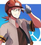  1boy black-framed_eyewear blush brown_eyes brown_shirt commentary_request delta_nonbiri glasses gloves grey_jacket grin hand_up helmet highres jacket looking_at_viewer male_focus pokemon pokemon_(game) pokemon_dppt red_hair red_headwear roark_(pokemon) shirt short_sleeves smile solo teeth upper_body white_gloves 