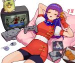  1girl asamiya_athena blush breasts closed_eyes fingerless_gloves furby gloves hair_ornament hairband jewelry long_hair poppopopqqq psycho_soldier purple_hair red_hairband simple_background skirt sleeping smile solo star_(symbol) star_hair_ornament the_king_of_fighters 