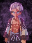  1boy abs character_request child colored_skin commentary gem highres jewelry kabon_(b00902061) looking_at_viewer male_focus multicolored_hair muscular muscular_male orange_skin purple_eyes purple_hair scar scar_on_chest scared solo starry_background tales_of_(series) tales_of_symphonia tower_of_saviors white_hair 