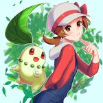  1girl arm_behind_back blue_overalls blush bow brown_eyes brown_hair cabbie_hat chikorita closed_mouth commentary delta_nonbiri eyelashes gen_2_pokemon hand_up hat hat_bow index_finger_raised leaves_in_wind long_hair lyra_(pokemon) outline pokemon pokemon_(creature) pokemon_(game) pokemon_hgss red_bow red_shirt shirt smile twintails white_headwear 