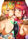  2girls 3boys absurdres areola_slip areolae bare_shoulders blonde_hair blush breast_press breasts censored erection grin hairband handjob heart heart-shaped_pupils hero_neisan hetero highres huge_filesize long_hair looking_at_viewer medium_hair mosaic_censoring multiple_boys multiple_girls mythra_(xenoblade) penis pyra_(xenoblade) red_eyes red_hair smegma smile stray_pubic_hair symbol-shaped_pupils symmetrical_docking xenoblade_chronicles_(series) xenoblade_chronicles_2 yellow_eyes 