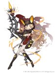  1girl :d animal_ears animal_ears_helmet blonde_hair bodysuit bow breasts chain flag full_body hair_bow highres ji_no lock long_hair looking_at_viewer official_art open_mouth orange_eyes padlock rabbit_ears rabbit_tail red_riding_hood_(sinoalice) sinoalice skin_tight small_breasts smile solo spacesuit square_enix tail torn_flag tube upper_teeth very_long_hair white_background 