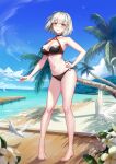 1girl alternate_costume barefoot beach bikini bird black_bikini blush boardwalk breasts cleavage clenched_teeth contrapposto cosplay dock embarrassed fate/grand_order fate_(series) feathers flower forest hand_on_hip highres jeanne_d&#039;arc_(alter)_(fate) jeanne_d&#039;arc_(alter_swimsuit_berserker)_(fate) jeanne_d&#039;arc_(alter_swimsuit_berserker)_(fate)_(cosplay) jeanne_d&#039;arc_(fate)_(all) nature navel ocean pajaaa18 palm_tree shore short_hair solo strap_gap swimsuit teeth thighs tree water yellow_eyes 