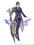  1boy absurdres ascot formal full_body gauntlets glasses gloves hair_slicked_back hameln_(sinoalice) highres holding holding_instrument holding_weapon instrument ji_no long_coat looking_at_viewer official_art purple_hair red_eyes saxophone silver_trim single_gauntlet single_glove sinoalice solo square_enix suit sword weapon white_background white_gloves 