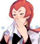  1girl ariana_(pokemon) blowing_nose blush commentary_request crying delta_nonbiri earrings eyelashes hands_up highres holding jacket jewelry long_hair long_sleeves orange_hair pokemon pokemon_(game) pokemon_hgss sad solo team_rocket team_rocket_uniform tears tissue upper_body white_jacket 