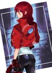  1girl absurdres akira ass blush boots cyberpunk emi_star from_behind gloves hair_over_one_eye highres jacket kirijou_mitsuru long_hair looking_at_viewer pants persona persona_3 red_eyes red_hair simple_background solo 