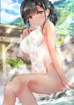  1girl absurdres black_hair blush breasts brown_eyes cloud covered_navel covered_nipples covering highres large_breasts looking_at_viewer nude nude_cover ogata_tei onsen original outdoors short_hair sitting sky solo steam tan tanlines towel wet 