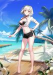  1girl alternate_costume barefoot beach bikini bird black_bikini black_shorts blonde_hair blush boardwalk breasts cleavage clenched_teeth contrapposto dock dolphin_shorts embarrassed fate/grand_order fate_(series) feathers flower forest hand_on_hip highres jeanne_d&#039;arc_(alter)_(fate) jeanne_d&#039;arc_(alter_swimsuit_berserker)_(fate) jeanne_d&#039;arc_(fate)_(all) nature navel ocean open_clothes open_shirt pajaaa18 palm_tree shirt shore short_hair shorts skirt solo strap_gap swimsuit swimsuit_under_clothes teeth thighs tied_shirt tree water white_shirt yellow_eyes 
