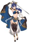  1girl absurdres armlet bare_shoulders blue_eyes blue_hair blush bracelet breasts cleavage dancer earrings ebinku falchion_(fire_emblem) fire_emblem fire_emblem_awakening full_body gloves hair_between_eyes highres jewelry long_hair looking_at_viewer lucina_(fire_emblem) midriff navel necklace simple_background smile solo tiara 