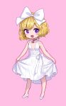 1girl :d absurdres alternate_costume ama-tou bangs bare_arms bare_shoulders black_choker black_neckwear blonde_hair bow chibi choker collarbone contrapposto dress elly_(tonari_no_kyuuketsuki-san) eyebrows_visible_through_hair full_body gem hair_between_eyes hair_bow halter_dress halterneck high_heels highres jaggy_line jewelry large_bow looking_at_viewer looking_to_the_side medium_dress no_nose no_socks official_art open_mouth pendant pendant_choker pink_background pumps purple_eyes ribbon shoes short_hair simple_background skirt_hold sleeveless sleeveless_dress smile solo standing swept_bangs tonari_no_kyuuketsuki-san wavy_hair white_bow white_dress white_footwear white_ribbon 